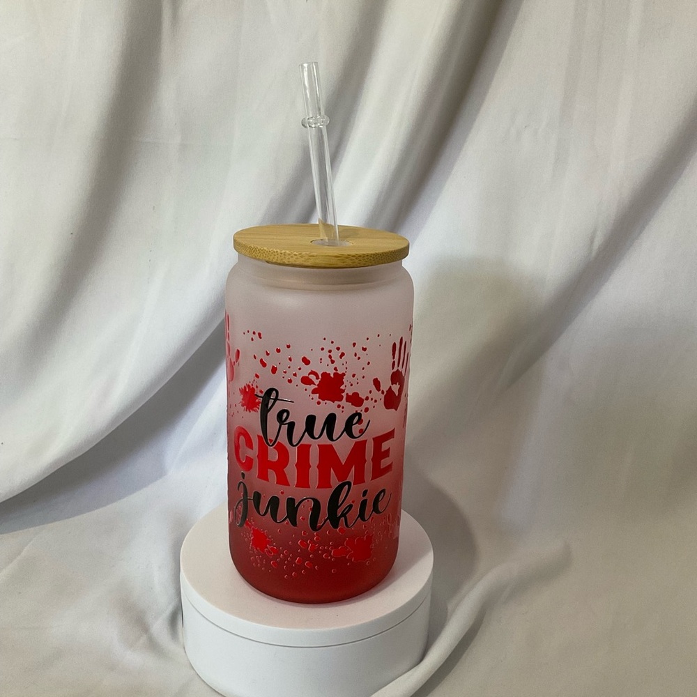 16 Ounce Handmade Red Ombré Frosted Glass Can Cup, True Crime Junkie